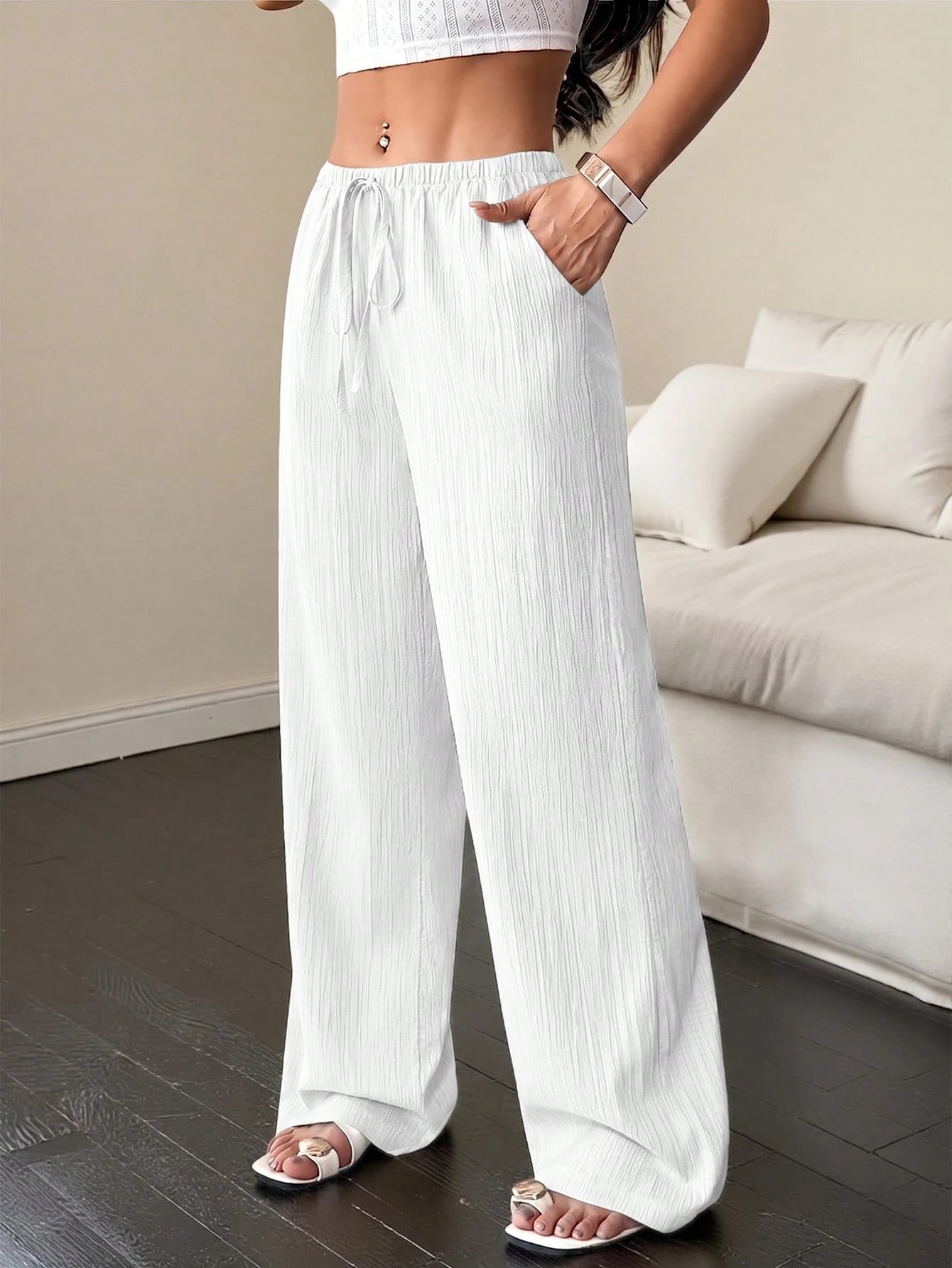 Flirla Women's Solid Color Twist Pocket Casual Loose Pants