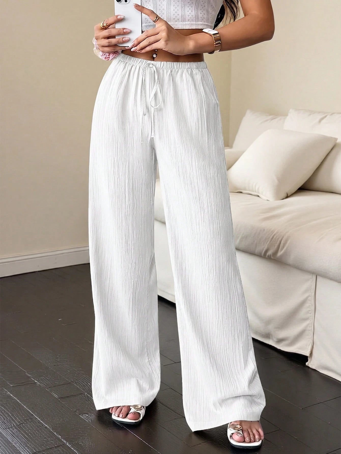 Flirla Women's Solid Color Twist Pocket Casual Loose Pants