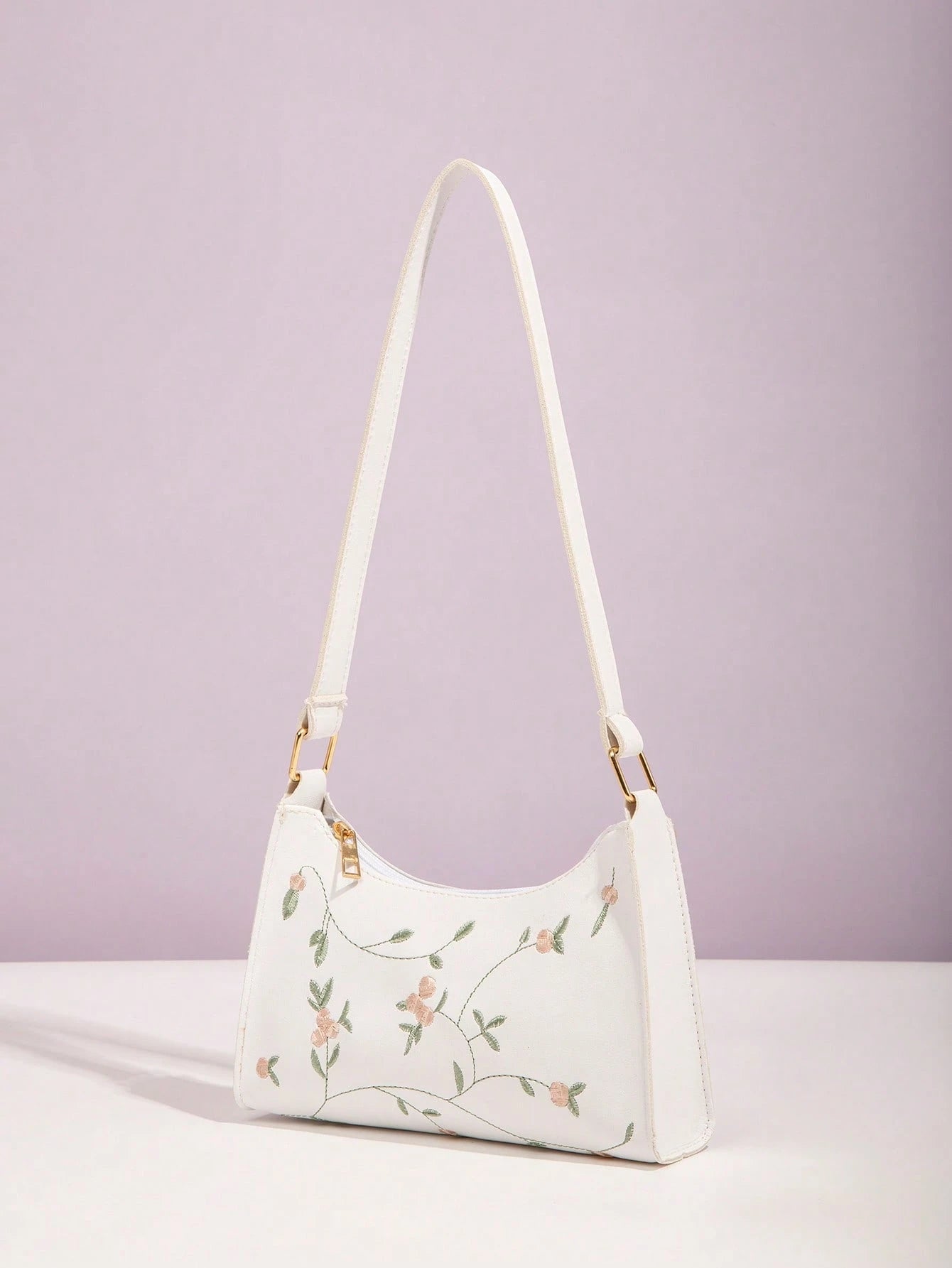 Flower Embroidery Square Crossbody Bag, White, Fashionable For Women Portable Leather Bag Holiday For Women