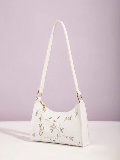 Flower Embroidery Square Crossbody Bag, White, Fashionable For Women Portable Leather Bag Holiday For Women