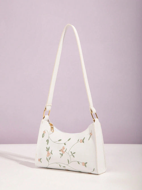 Flower Embroidery Square Crossbody Bag, White, Fashionable For Women Portable Leather Bag Holiday For Women