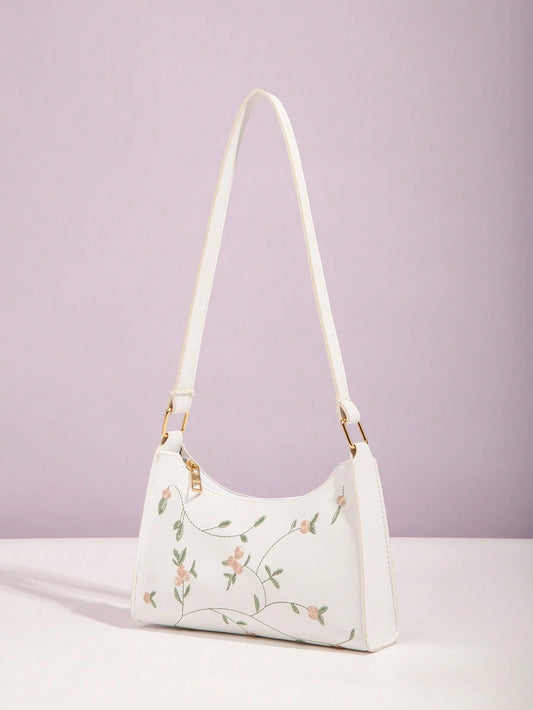 Flower Embroidery Square Crossbody Bag, White, Fashionable For Women Portable Leather Bag Holiday For Women