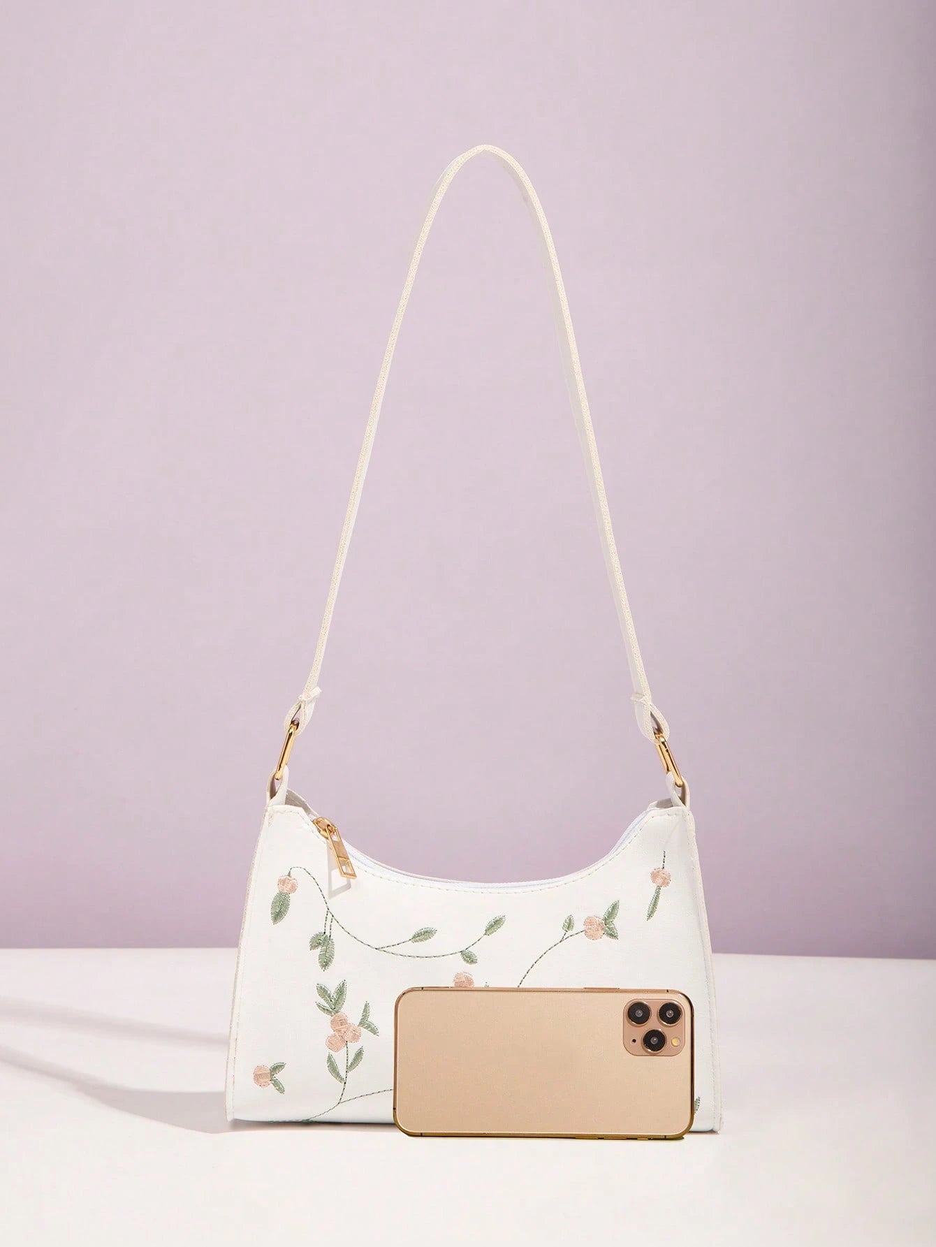 Flower Embroidery Square Crossbody Bag, White, Fashionable For Women Portable Leather Bag Holiday For Women