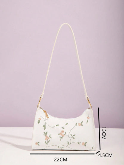 Flower Embroidery Square Crossbody Bag, White, Fashionable For Women Portable Leather Bag Holiday For Women