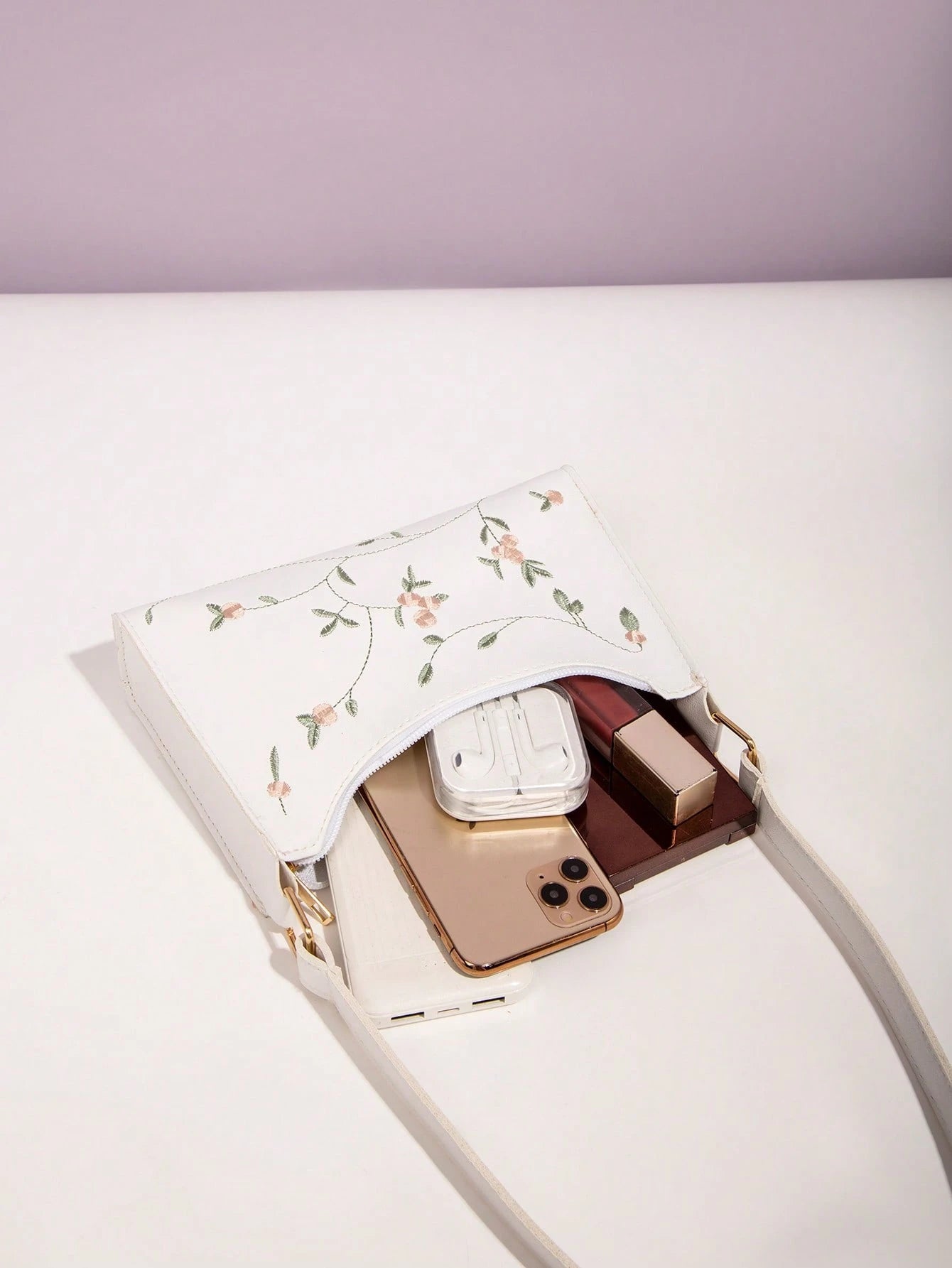 Flower Embroidery Square Crossbody Bag, White, Fashionable For Women Portable Leather Bag Holiday For Women