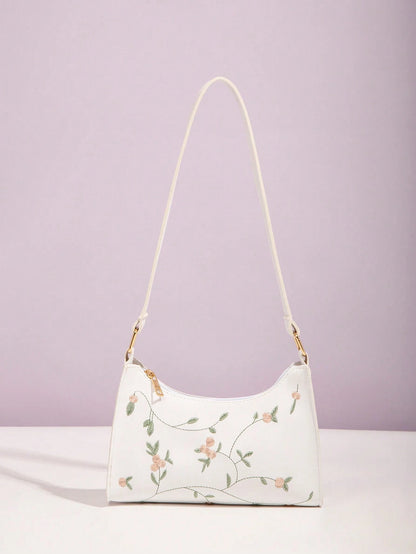 Flower Embroidery Square Crossbody Bag, White, Fashionable For Women Portable Leather Bag Holiday For Women