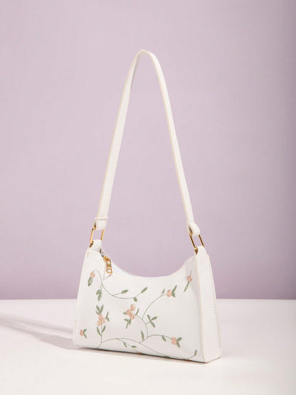 Flower Embroidery Square Crossbody Bag, White, Fashionable For Women Portable Leather Bag Holiday For Women