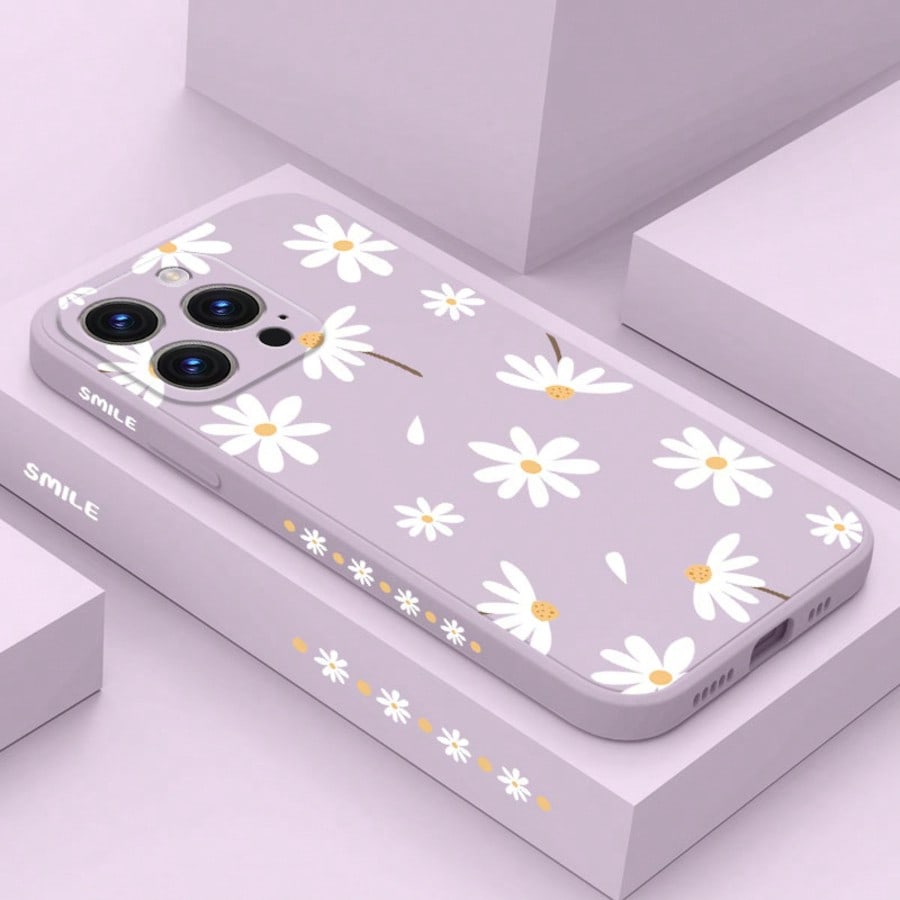 Flower Purple Silicone Fashion Shockproof White Daisy Flower Pattern Soft Case Compatible With IPhone/ Galaxy/Honor Spring Gift International Version Not The Domestic Version Birthday