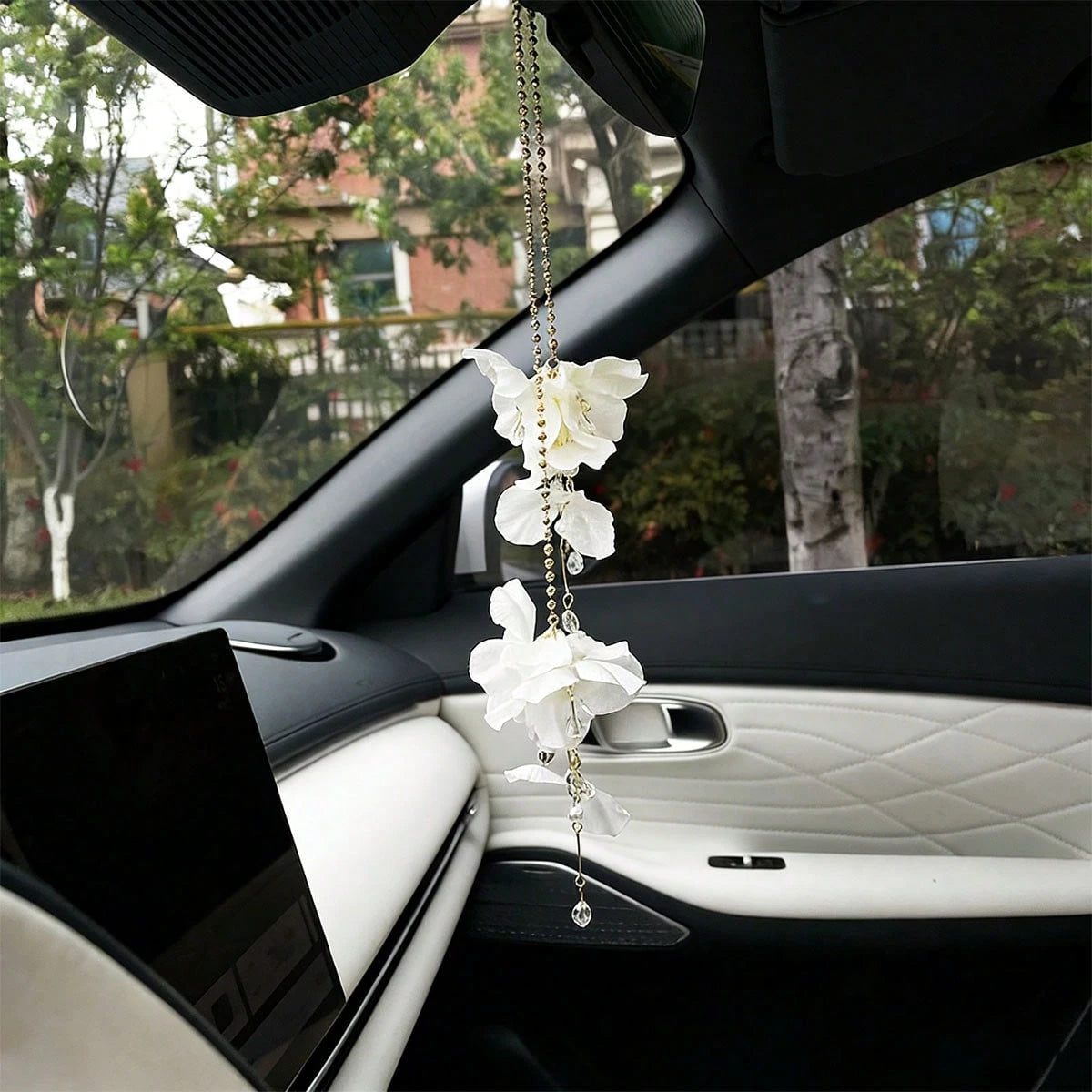 Flower Tassel Pendant Car Hanging Ornament, Creative Car Rearview Mirror Decor Accessory