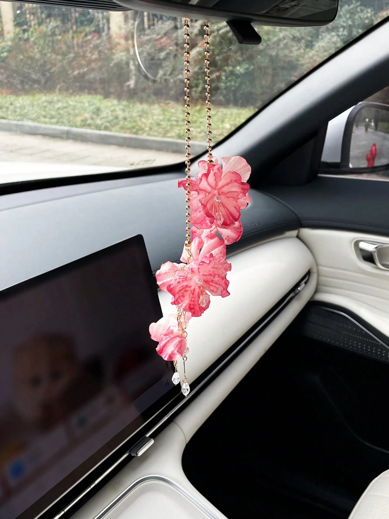Flower Tassel Pendant Car Hanging Ornament, Creative Car Rearview Mirror Decor Accessory