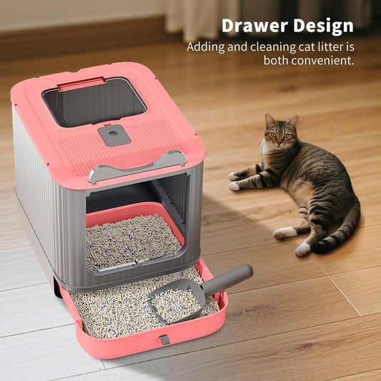 Foldable Cat Litter Box, Fully Enclosed Litter Box With Lid, Covered Kitty Kitten Litter Boxes Enclosure With Scoop, Odor Control, Easy To Clean, 3 Modes For Cat Up To 12 Lbs(White&Pink)