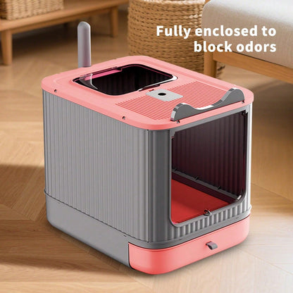 Foldable Cat Litter Box, Fully Enclosed Litter Box With Lid, Covered Kitty Kitten Litter Boxes Enclosure With Scoop, Odor Control, Easy To Clean, 3 Modes For Cat Up To 12 Lbs(White&Pink)