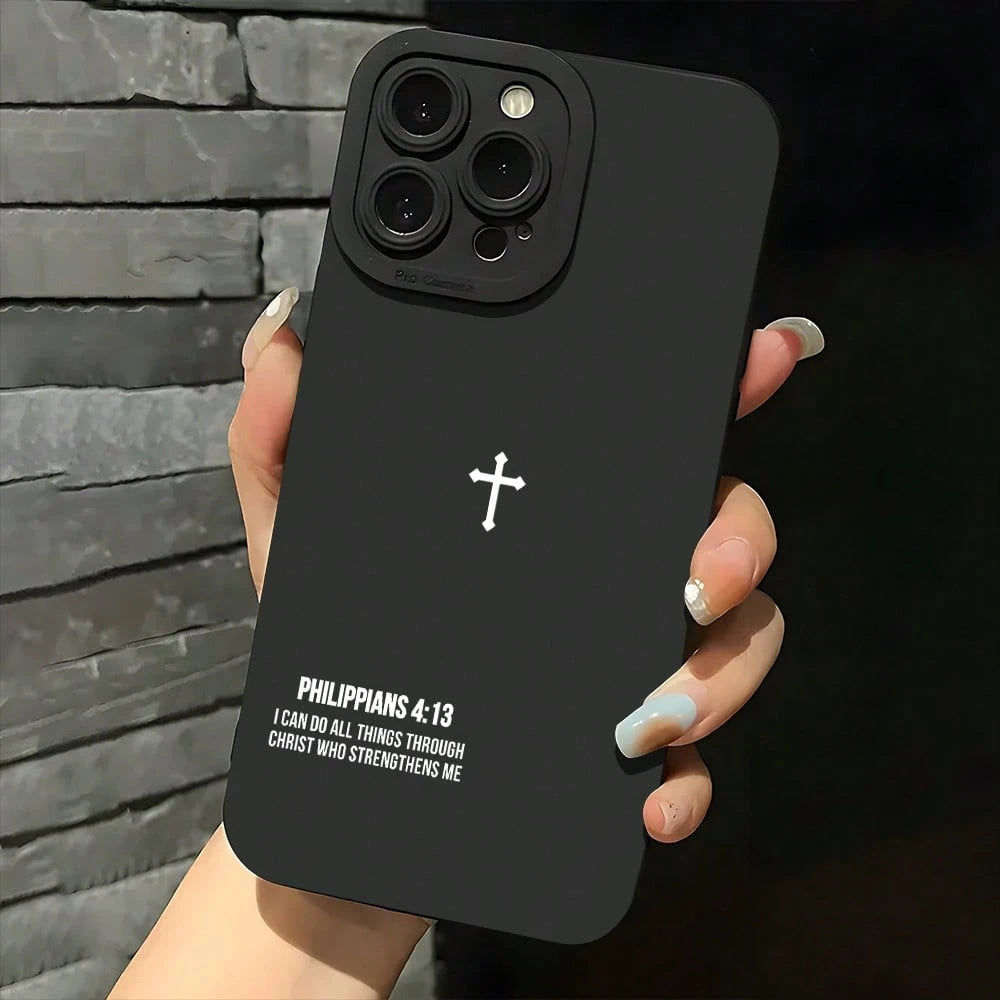 For IPhone 11, 12, 13, 14, 15, 16 Plus Pro Promax XR XS Silicone Phone Case, High-End Fashion, Cross Bible Quotes, Christian Aesthetics