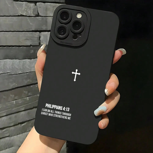 For IPhone 11, 12, 13, 14, 15, 16 Plus Pro Promax XR XS Silicone Phone Case, High-End Fashion, Cross Bible Quotes, Christian Aesthetics