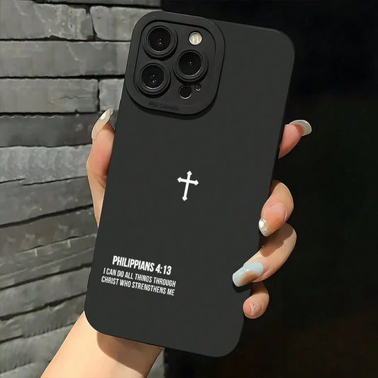 For IPhone 11, 12, 13, 14, 15, 16 Plus Pro Promax XR XS Silicone Phone Case, High-End Fashion, Cross Bible Quotes, Christian Aesthetics