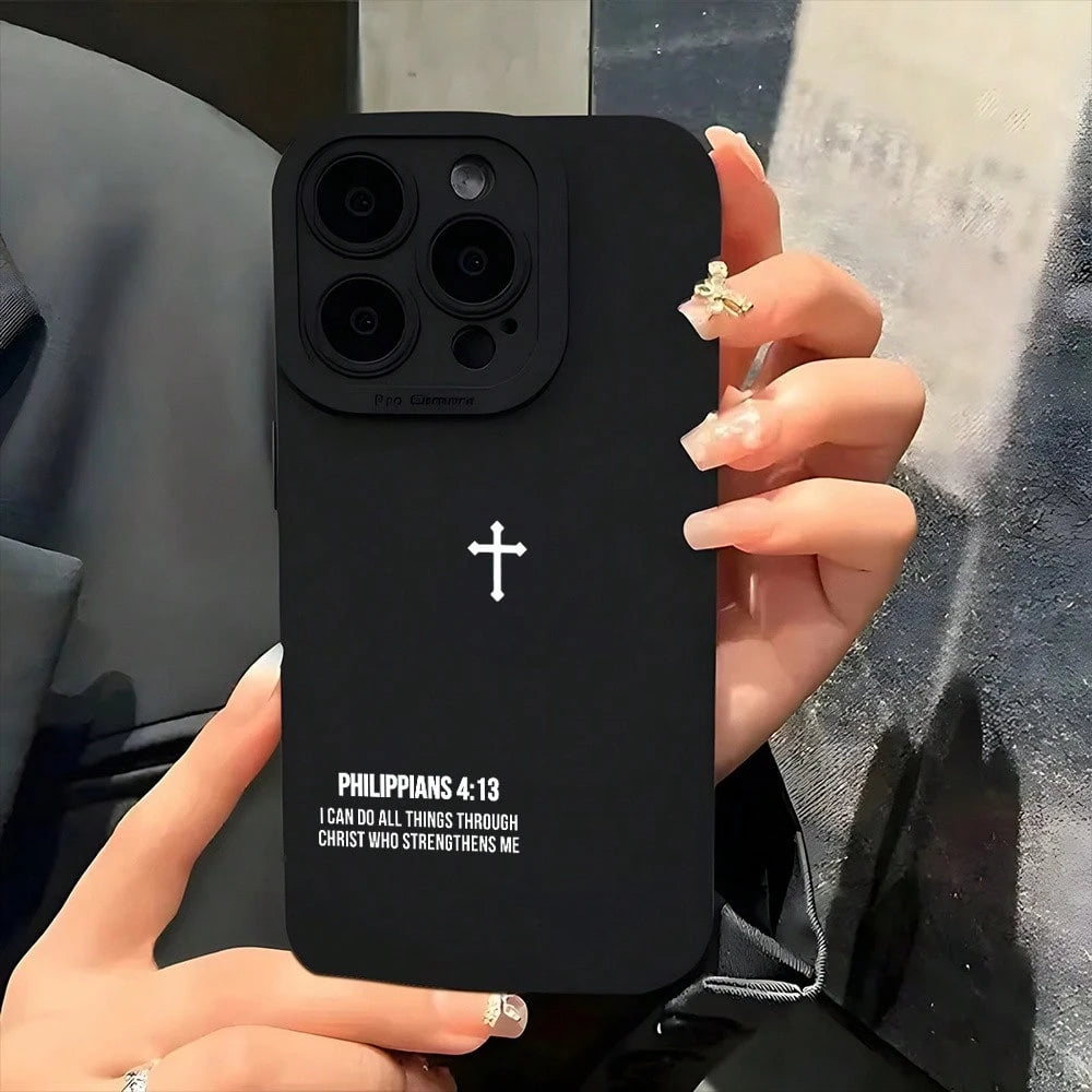 For IPhone 11, 12, 13, 14, 15, 16 Plus Pro Promax XR XS Silicone Phone Case, High-End Fashion, Cross Bible Quotes, Christian Aesthetics