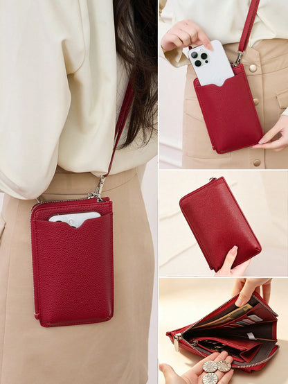 FOREVER MIYIN Minimalist Ladies Crossbody Phone Wallet, Solid Litchi Texture, Detachable Strap, Multi Card Slot Coin Pocket For Daily Travel Use