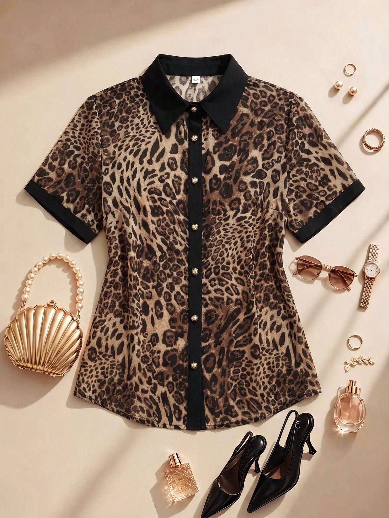 Formidée Plus Size Women's Chiffon Leopard Print Color Block Shirt Collar Blouse,Metal Button Brown Summer Country Elegant Formal Daily Date Wear Shirt