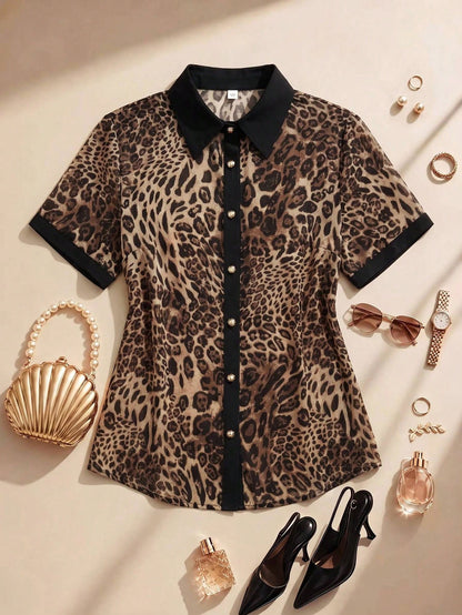 Formidée Plus Size Women's Chiffon Leopard Print Color Block Shirt Collar Blouse,Metal Button Brown Summer Country Elegant Formal Daily Date Wear Shirt