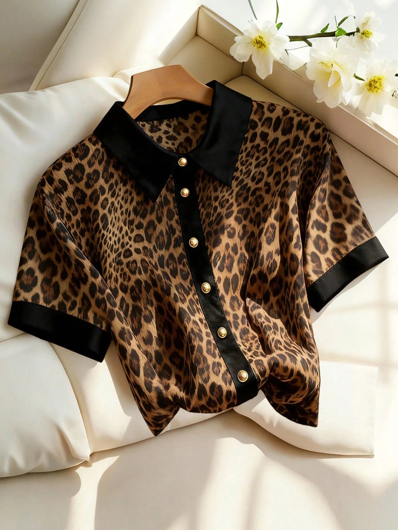 Formidée Plus Size Women's Chiffon Leopard Print Color Block Shirt Collar Blouse,Metal Button Brown Summer Country Elegant Formal Daily Date Wear Shirt