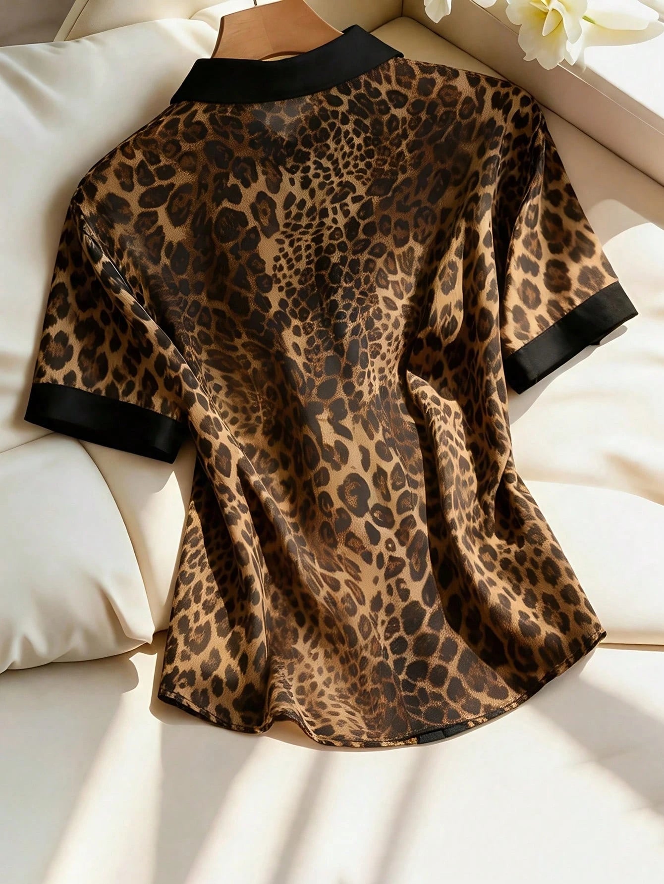 Formidée Plus Size Women's Chiffon Leopard Print Color Block Shirt Collar Blouse,Metal Button Brown Summer Country Elegant Formal Daily Date Wear Shirt