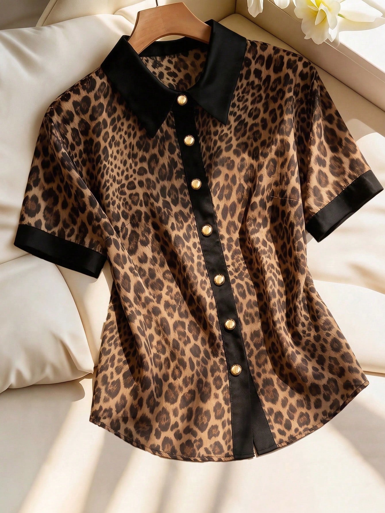 Formidée Plus Size Women's Chiffon Leopard Print Color Block Shirt Collar Blouse,Metal Button Brown Summer Country Elegant Formal Daily Date Wear Shirt