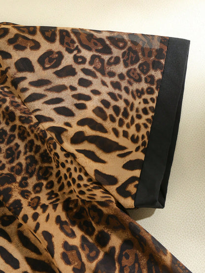 Formidée Plus Size Women's Chiffon Leopard Print Color Block Shirt Collar Blouse,Metal Button Brown Summer Country Elegant Formal Daily Date Wear Shirt