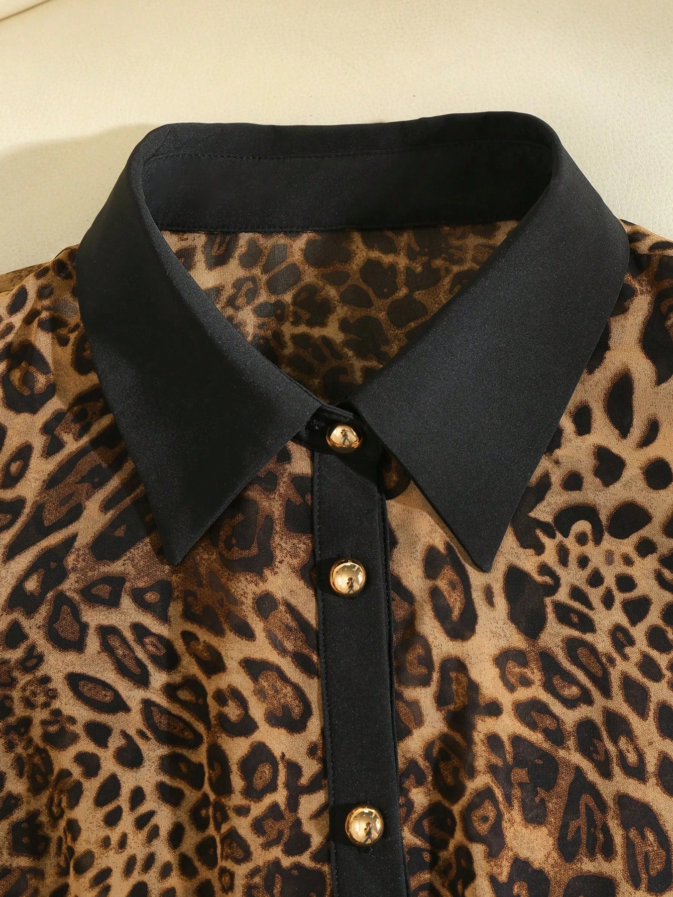 Formidée Plus Size Women's Chiffon Leopard Print Color Block Shirt Collar Blouse,Metal Button Brown Summer Country Elegant Formal Daily Date Wear Shirt