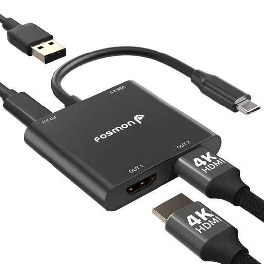 Fosmon USB C Hub, USB C To Dual HDMI Adapter 4k@30Hz, HDMI Splitter, PD 3.0 Charging Port Up To 100W Compatible With Thunderbolt