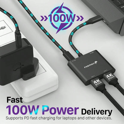 Fosmon USB C Hub, USB C To Dual HDMI Adapter 4k@30Hz, HDMI Splitter, PD 3.0 Charging Port Up To 100W Compatible With Thunderbolt