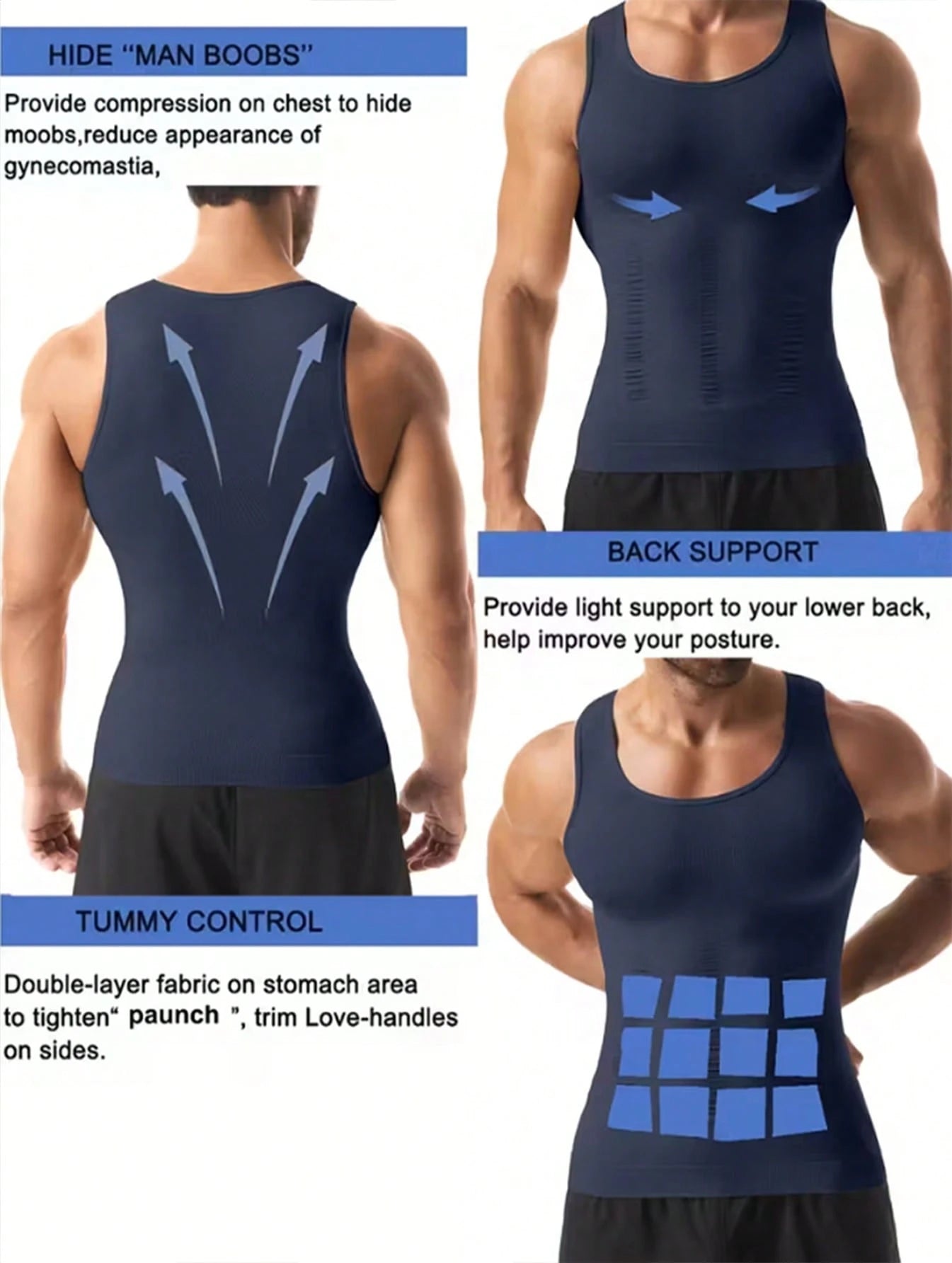 Four Colors Men's Shapewear Vest- A Tight Fitting Shirt For Shapingand Back Support, With Abdominal Control, Made Ofbreathable Nylon Material