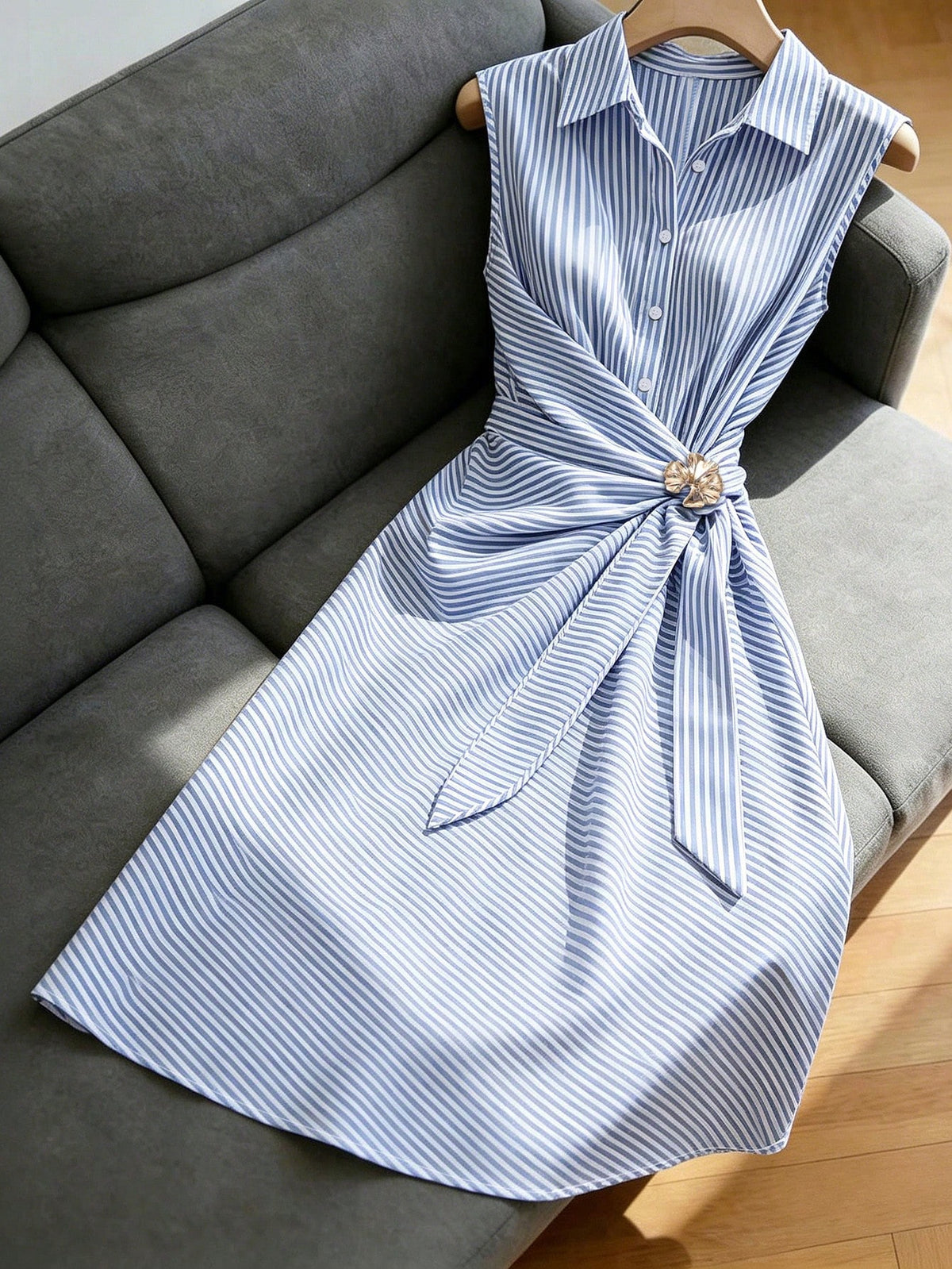Franclia Blue And White Stripe Women Summer Sleeveless Dress,Elegant Coastal Casual Flared Collar Buttoned Semi-Open Front Tied Shirt Skirt,Brunch Office Wear