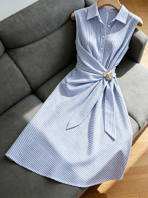 Franclia Blue And White Stripe Women Summer Sleeveless Dress,Elegant Coastal Casual Flared Collar Buttoned Semi-Open Front Tied Shirt Skirt,Brunch Office Wear