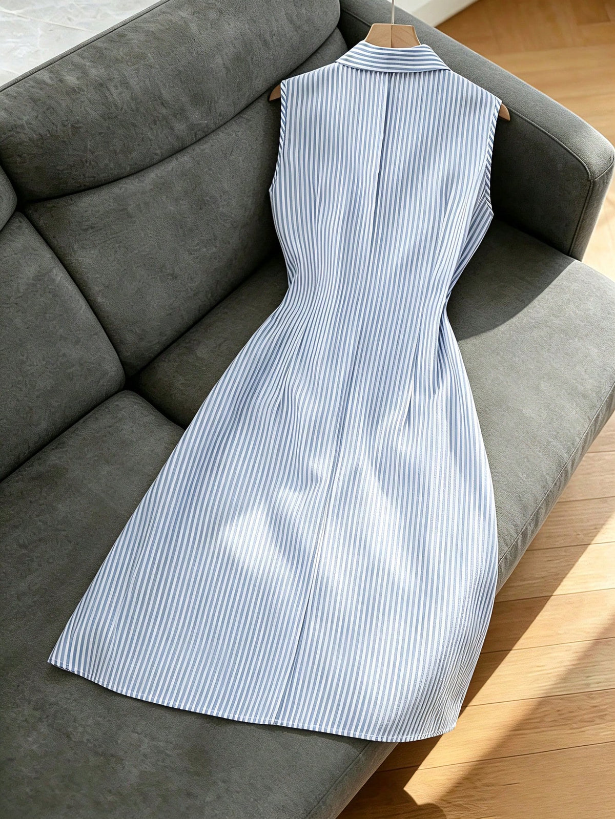 Franclia Blue And White Stripe Women Summer Sleeveless Dress,Elegant Coastal Casual Flared Collar Buttoned Semi-Open Front Tied Shirt Skirt,Brunch Office Wear