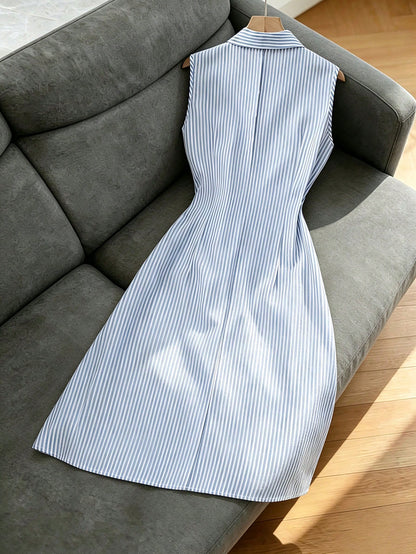 Franclia Blue And White Stripe Women Summer Sleeveless Dress,Elegant Coastal Casual Flared Collar Buttoned Semi-Open Front Tied Shirt Skirt,Brunch Office Wear