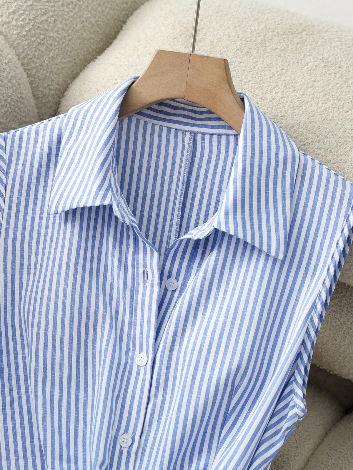 Franclia Blue And White Stripe Women Summer Sleeveless Dress,Elegant Coastal Casual Flared Collar Buttoned Semi-Open Front Tied Shirt Skirt,Brunch Office Wear