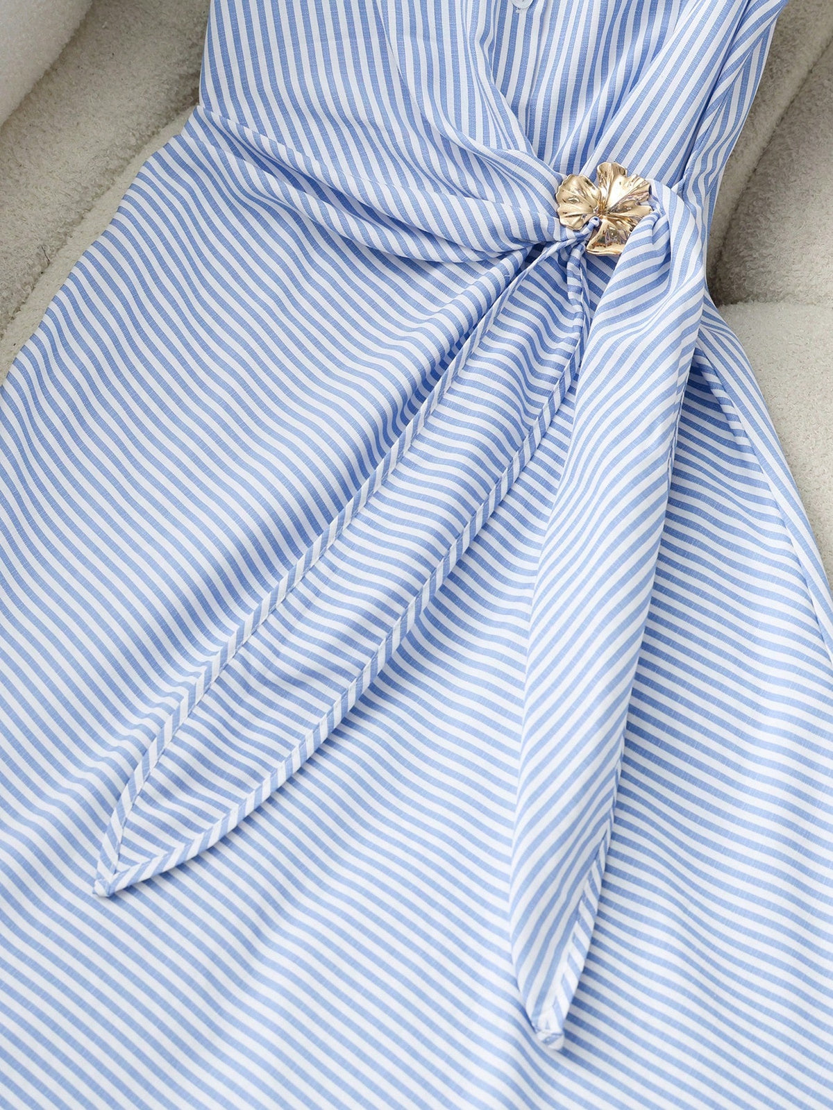 Franclia Blue And White Stripe Women Summer Sleeveless Dress,Elegant Coastal Casual Flared Collar Buttoned Semi-Open Front Tied Shirt Skirt,Brunch Office Wear