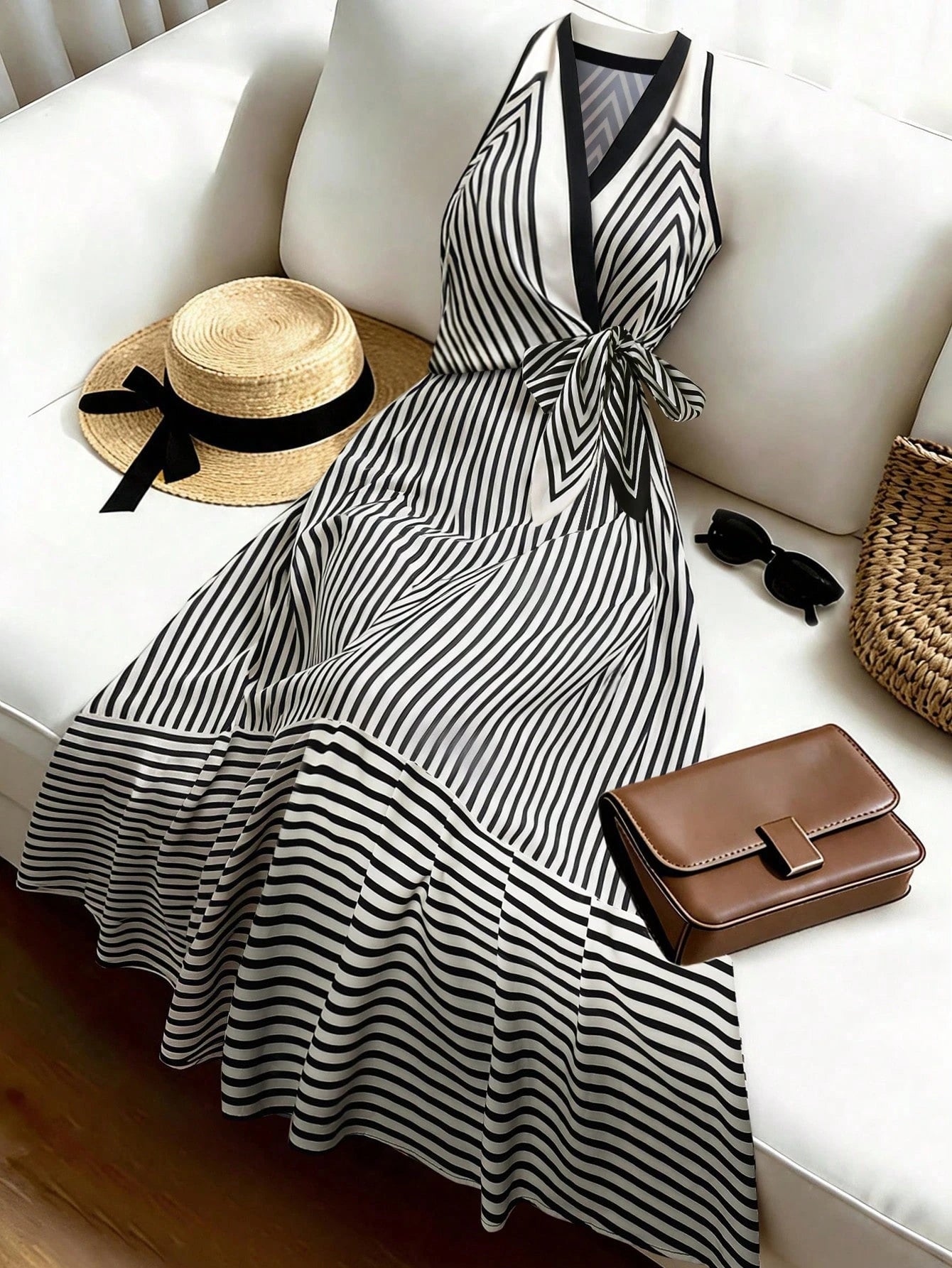 Franclia Elegant Commuter Striped Halter Neck Dress/ Cinched Waist V-Neck Slimming Long Striped Dress