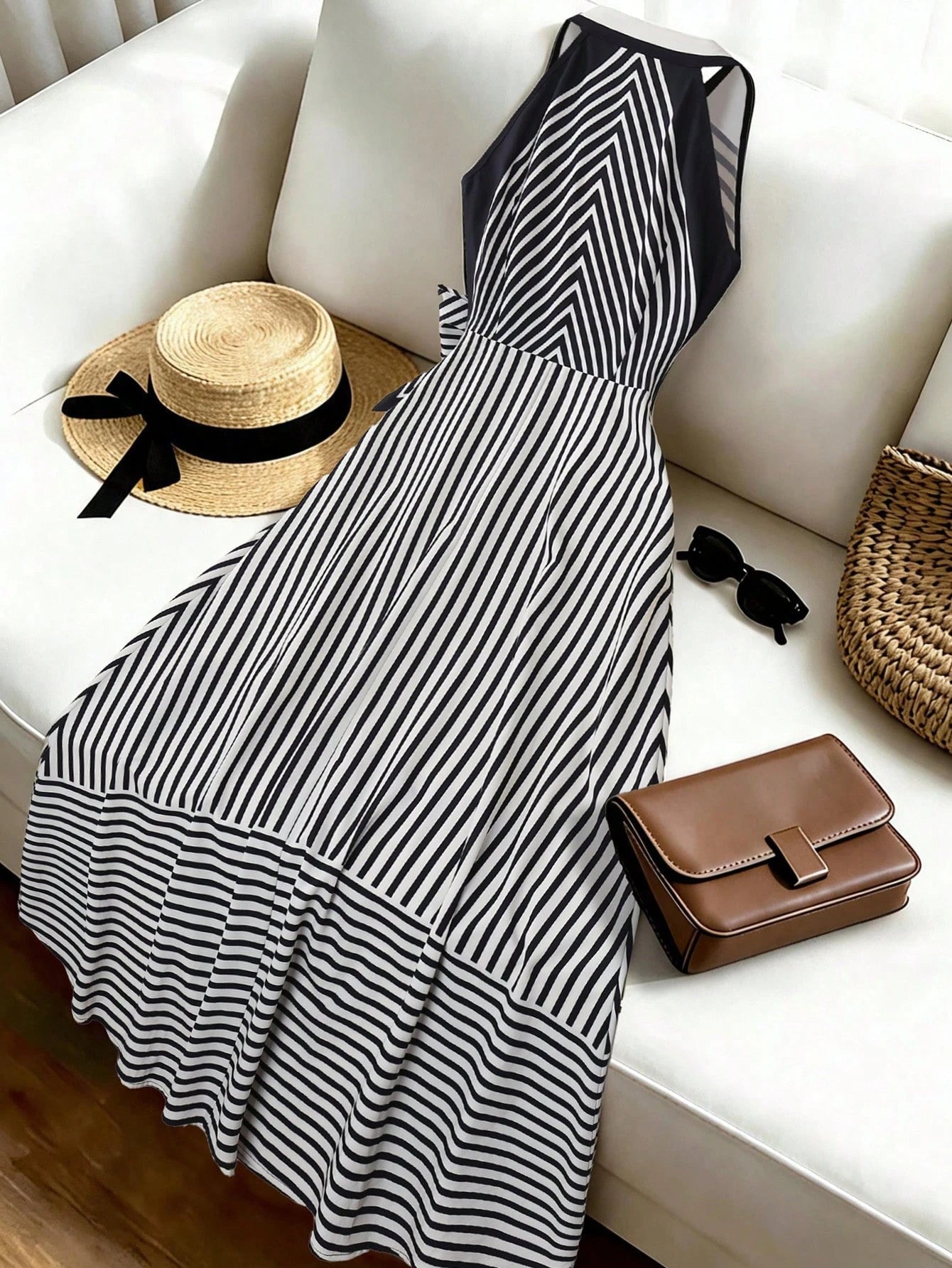 Franclia Elegant Commuter Striped Halter Neck Dress/ Cinched Waist V-Neck Slimming Long Striped Dress