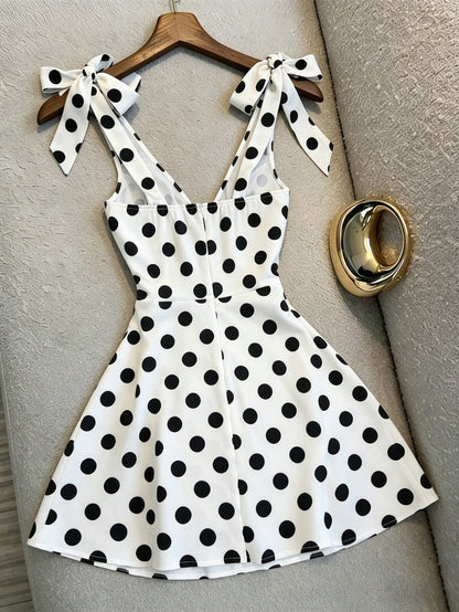 Franclia French Style White With Black Polka Dots Mini Dress,Summer Vintage Tea Party V-Neck Bow Strap A-Line,Waist Cinching Summer Outfits