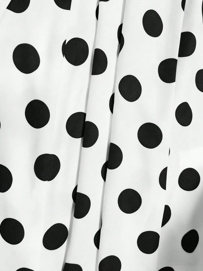 Franclia French Style White With Black Polka Dots Mini Dress,Summer Vintage Tea Party V-Neck Bow Strap A-Line,Waist Cinching Summer Outfits