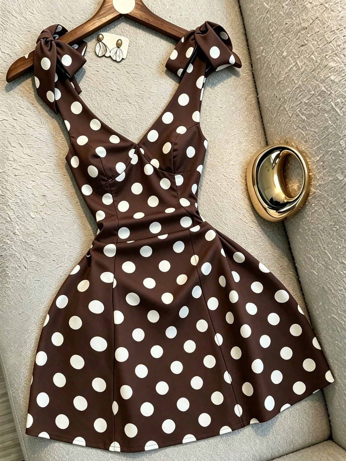 Franclia French Style White With Black Polka Dots Mini Dress,Summer Vintage Tea Party V-Neck Bow Strap A-Line,Waist Cinching Summer Outfits
