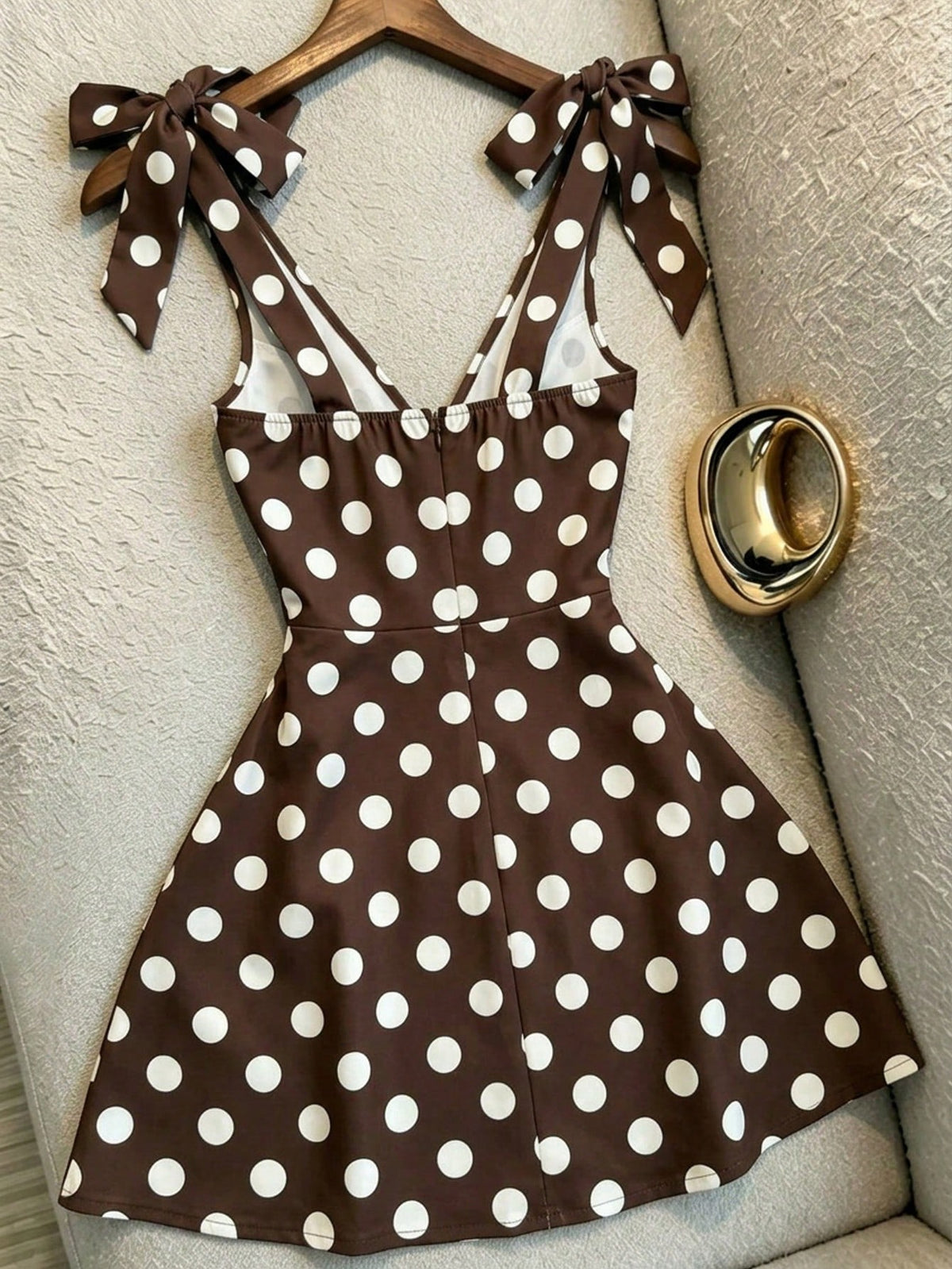Franclia French Style White With Black Polka Dots Mini Dress,Summer Vintage Tea Party V-Neck Bow Strap A-Line,Waist Cinching Summer Outfits
