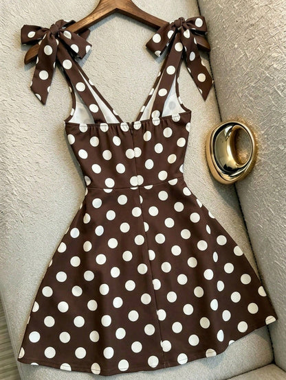 Franclia French Style White With Black Polka Dots Mini Dress,Summer Vintage Tea Party V-Neck Bow Strap A-Line,Waist Cinching Summer Outfits
