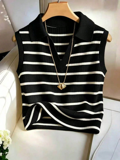 Franclia Plus Size Women Casual Elegant Turndown Collar Sleeveless Striped Fitted Blouse