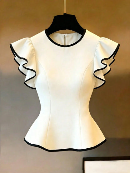 Franclia White Round Neck Ruffle Waist Blouse, Black Trim Decor, Women's Cap Sleeve Blouse, Women's Cap Sleeve Shirt, Black And White Contrast Ruffle Flutter Sleeve Women's Blouse, Round Neck Contrast