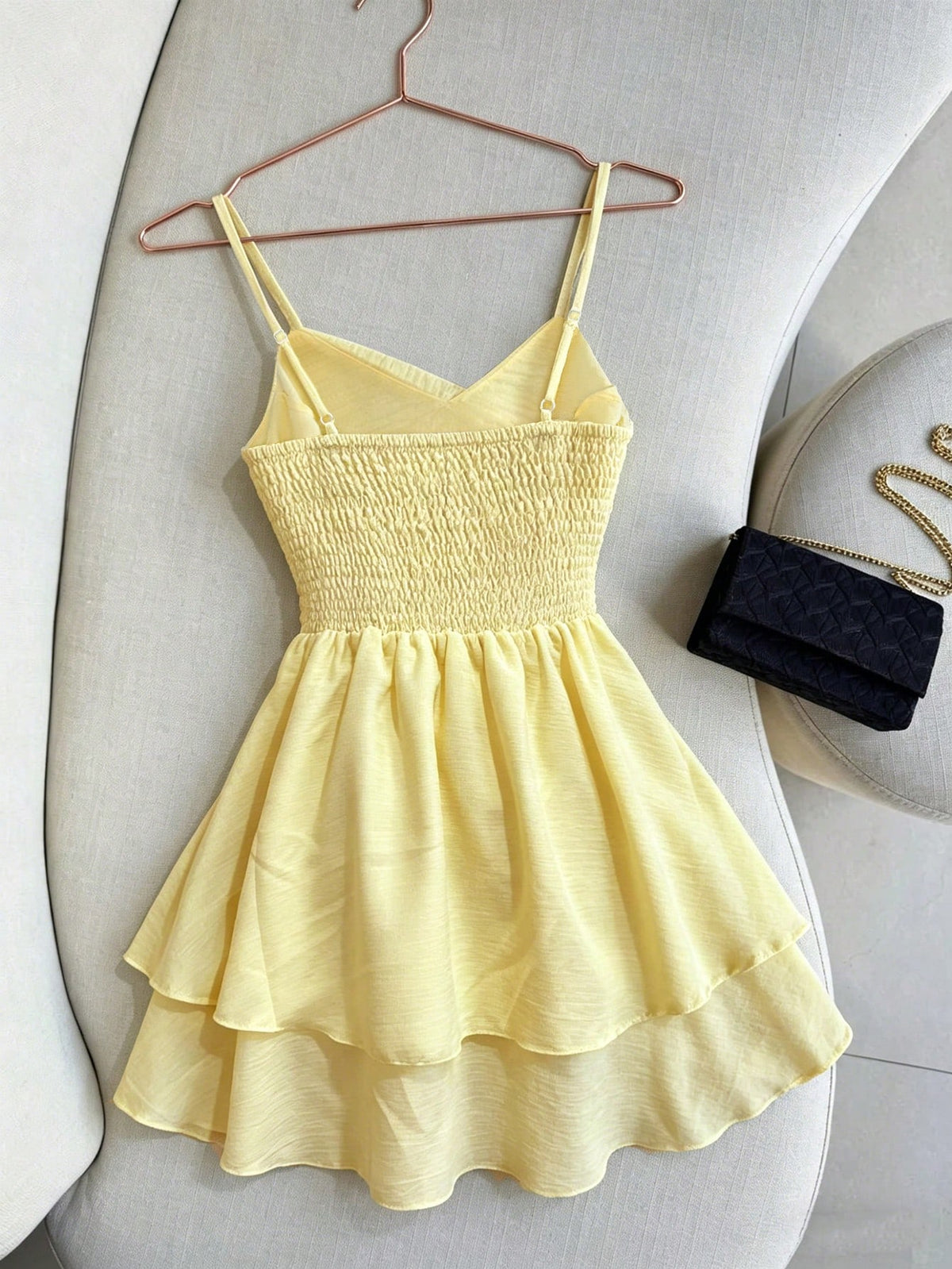 Franclia Women's Adjustable Strappy Pale Yellow Dresses,Summer Tropical Holiday Vacation Ruffled Skirts,Elegant Casual Resort Wear,Elasticated Party Clothing