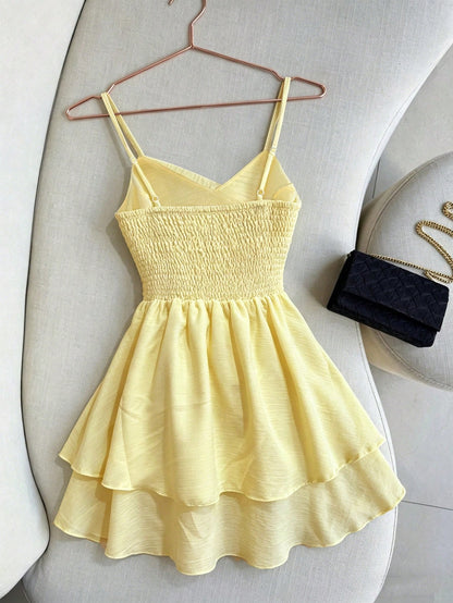 Franclia Women's Adjustable Strappy Pale Yellow Dresses,Summer Tropical Holiday Vacation Ruffled Skirts,Elegant Casual Resort Wear,Elasticated Party Clothing