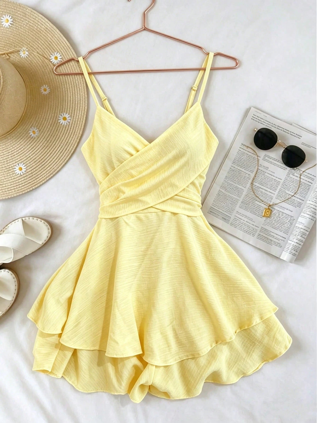 Franclia Women's Adjustable Strappy Pale Yellow Dresses,Summer Tropical Holiday Vacation Ruffled Skirts,Elegant Casual Resort Wear,Elasticated Party Clothing