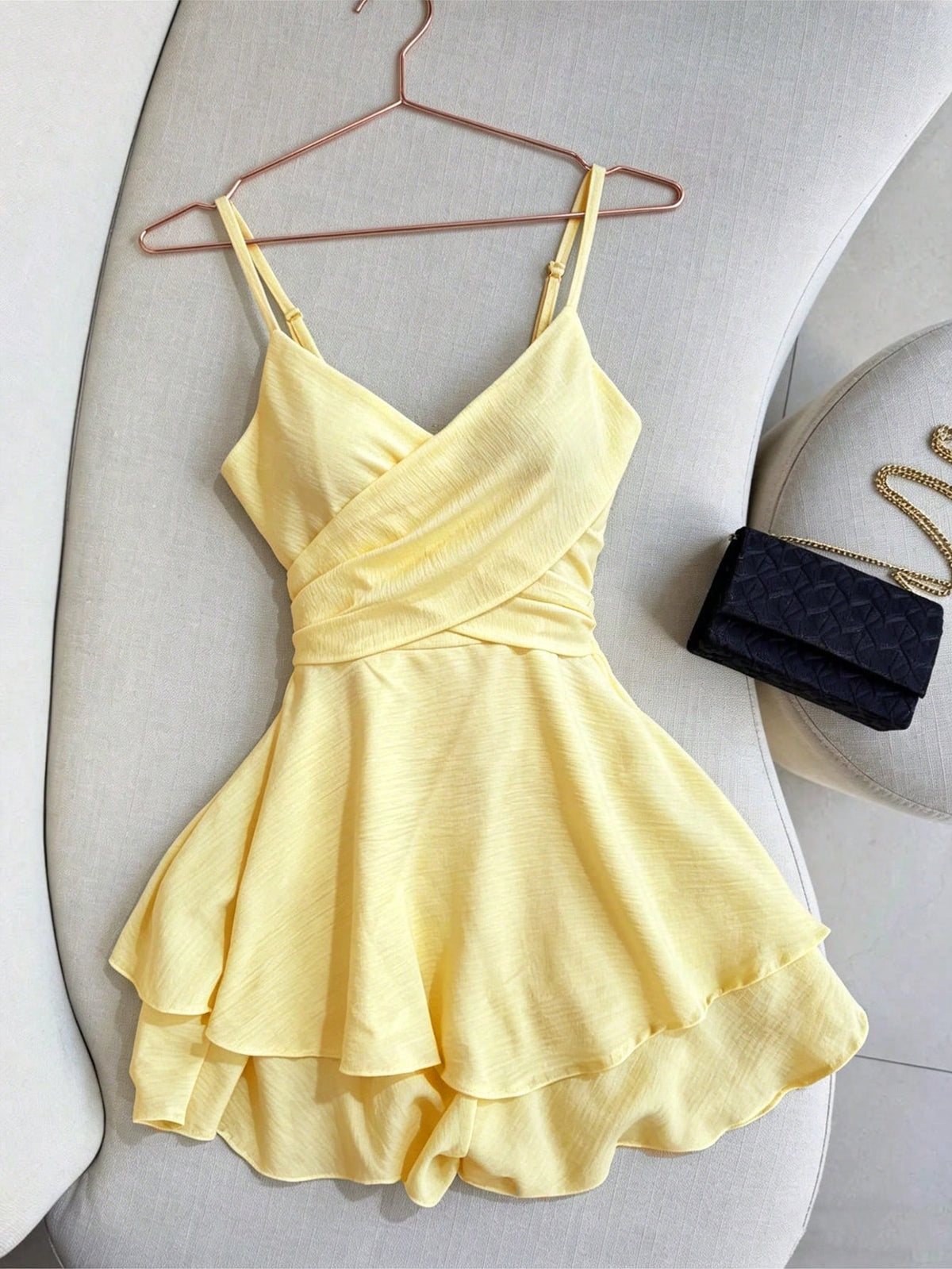 Franclia Women's Adjustable Strappy Pale Yellow Dresses,Summer Tropical Holiday Vacation Ruffled Skirts,Elegant Casual Resort Wear,Elasticated Party Clothing